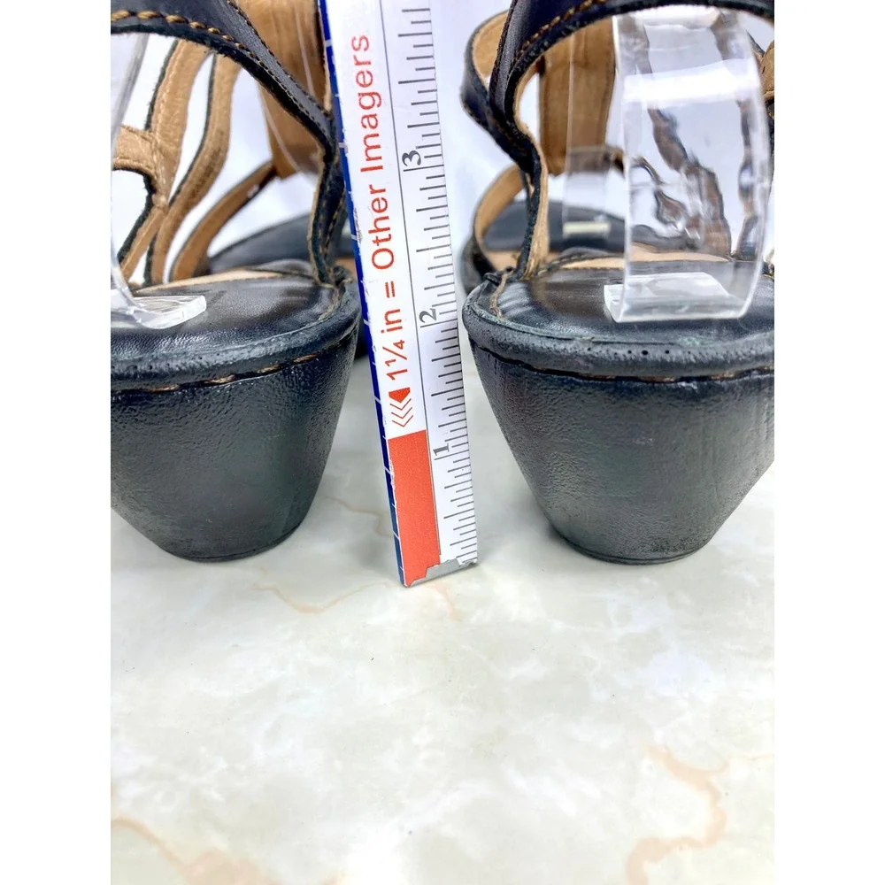 Born Leather Strappy Wedge Sandals Womens 8 Black Slingback Summer Comfort Heel